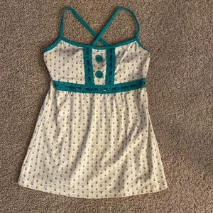 White and Teal spaghetti strap top with flower pattern, size small